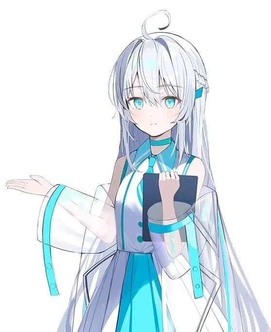白い長髪と青い目を持つアニメの少女が描かれています。水色と白を基調とした未来的な衣装を身につけ、片手にタブレットを持ち、もう片方の手で何かを指し示すようなポーズをとっています。