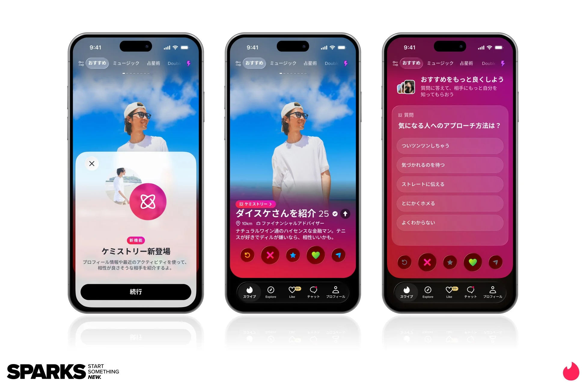 この画像は、デートアプリのユーザーインターフェースを示す3つのiPhone画面を並べています。左の画面では「ケミストリー」という新機能の紹介、中央では特定のユーザー「ダイスケさん」のプロフィール表示、右では「気になる人へのアプローチ方法」に関する質問と選択肢が表示されており、アプリの機能とデザインが示されています。
