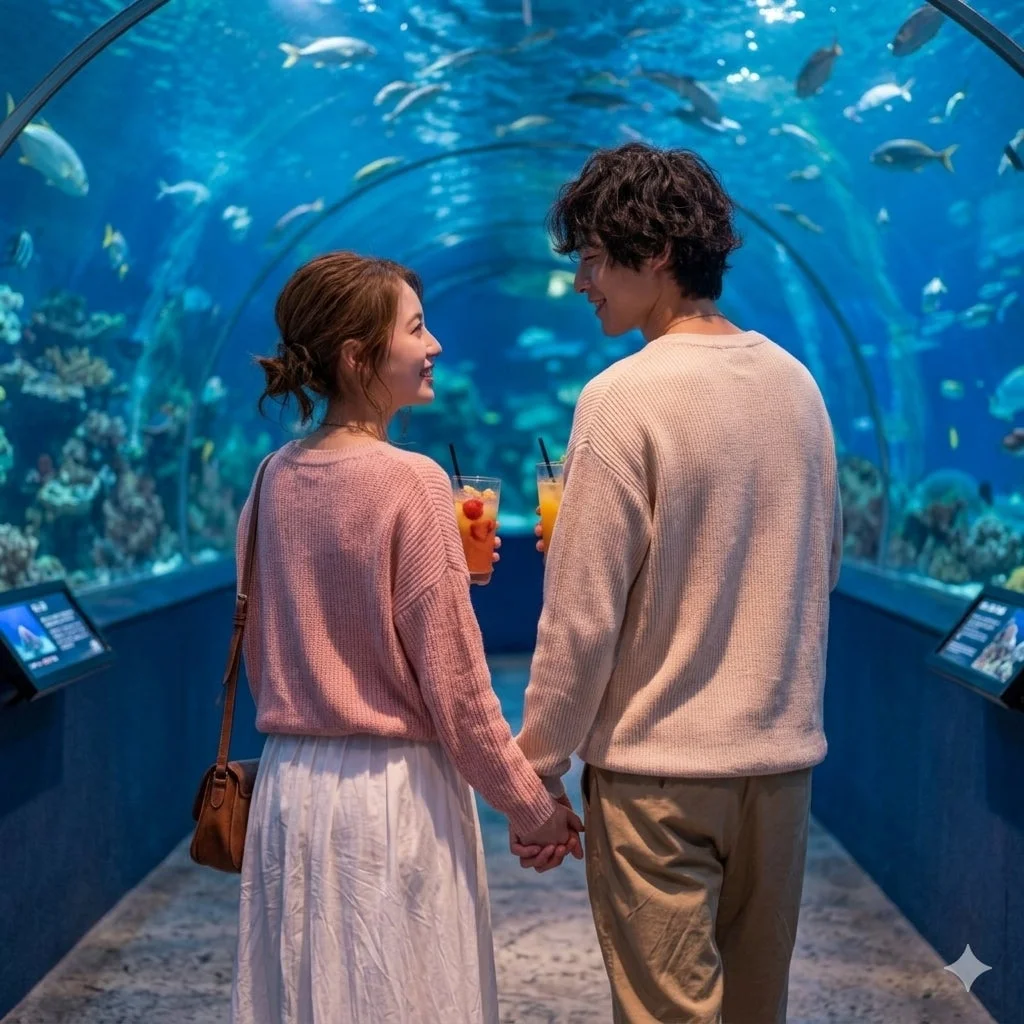 カップルが水族館を楽しむ様子