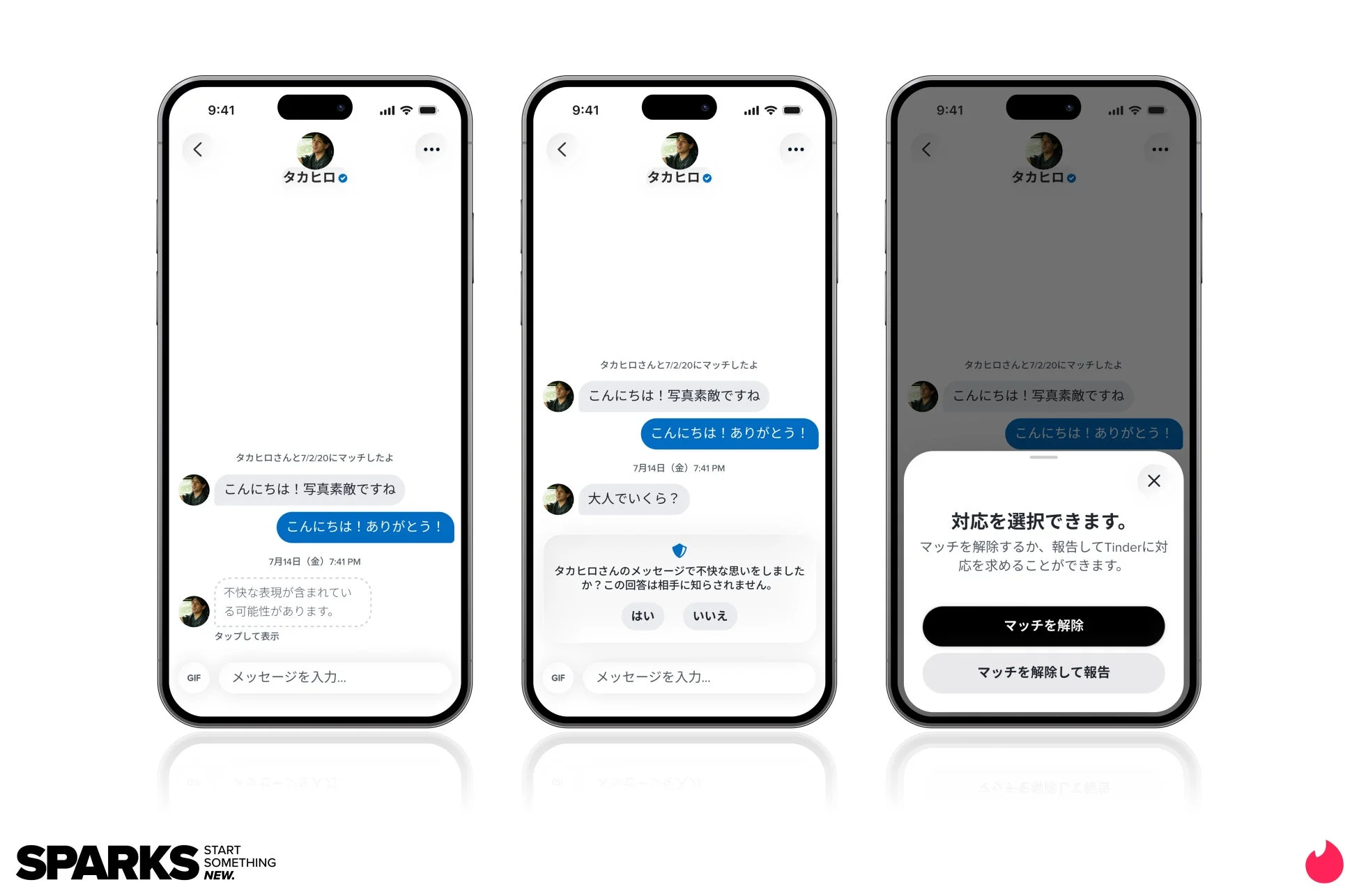 マッチングアプリ「Tinder」のチャット画面で、ユーザーが不快なメッセージを受け取った際の対応フローを示す画像です。メッセージの報告やマッチ解除の選択肢が提示されています。アプリの安全機能とユーザーインターフェースが強調されています。