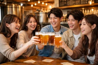 楽しそうにビールグラスを掲げ、乾杯する5人の若者たち