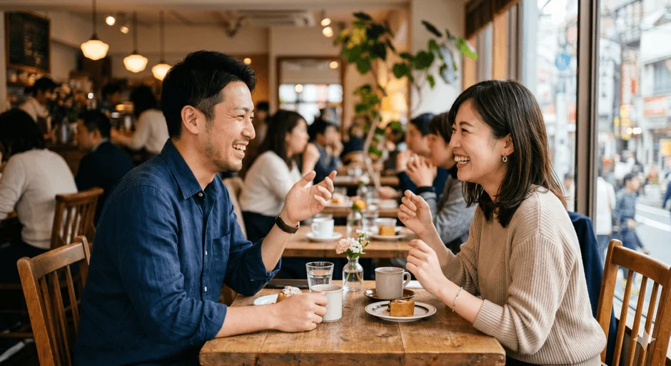 カフェで談笑する男女