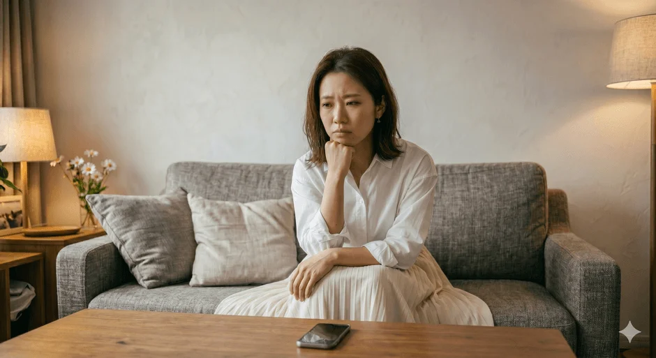 ソファに座りスマートフォンを前に物思いにふける女性