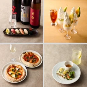 様々な料理と飲み物を紹介するコラージュ画像です。寿司と日本酒、フルーツパフェとアイスティー、ピザとワイン、そして春巻きとレモネードのような飲み物が写っており、多様な食のシーンが表現されています。